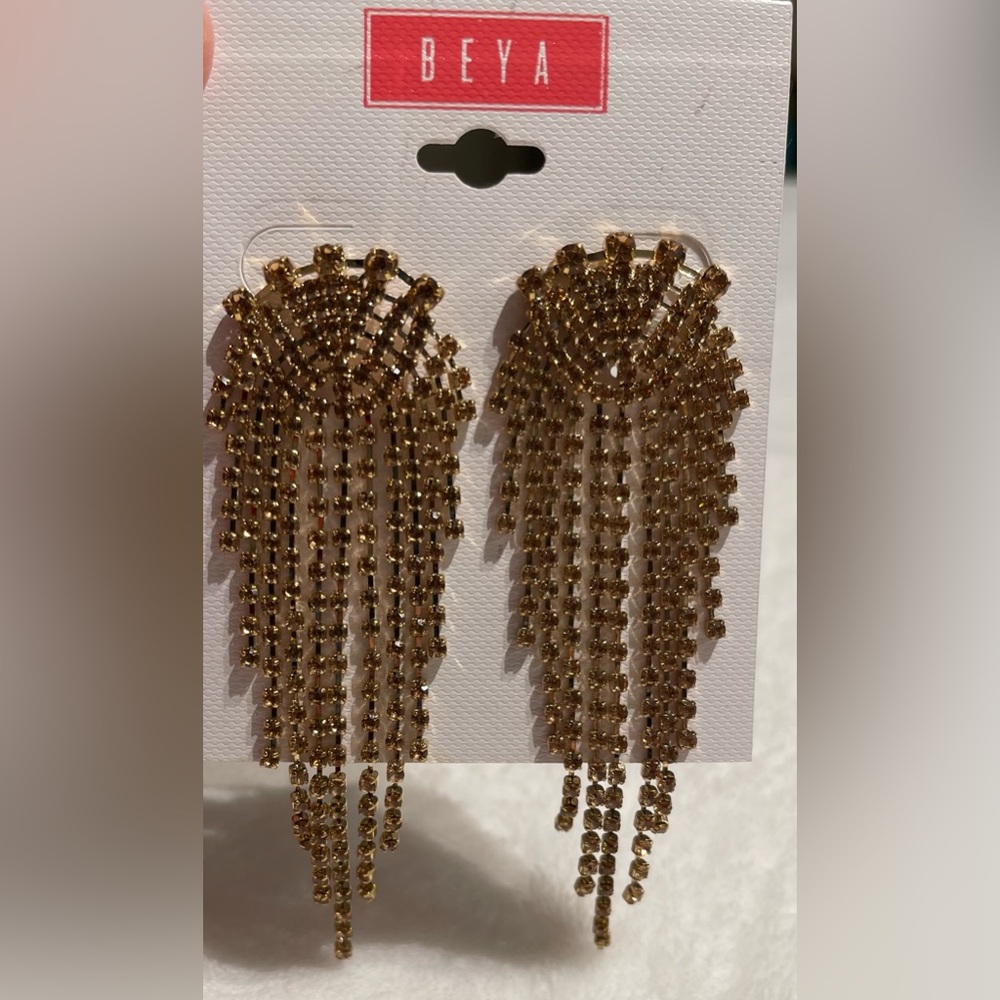 Beya Champagne Rhinestone Fringe Earring New
